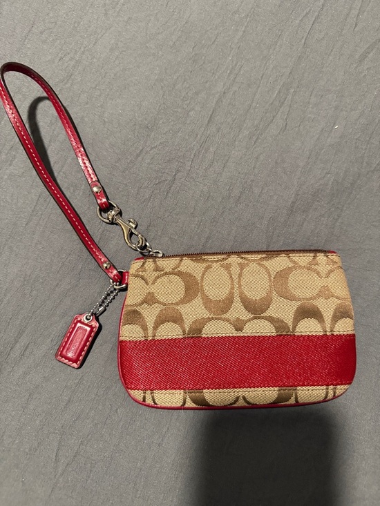 Coach Handbags - Coach Signature Canvas Wristlet in Red and Khaki/Beige